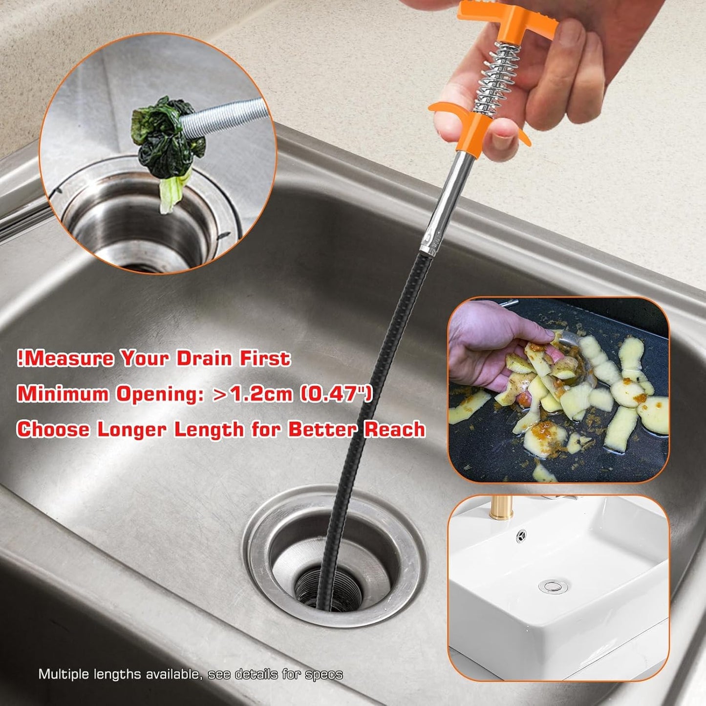 New Upgrade 63 inch Drain Snake Hair Drain Clog Remover Tool - Sink Drain Cleaner for Toilet Sewer Shower Kitchen Bathroom Tub Clogged Drains Opener Cleaning Tool, Flexible Grabber Claw Pick Up Tool