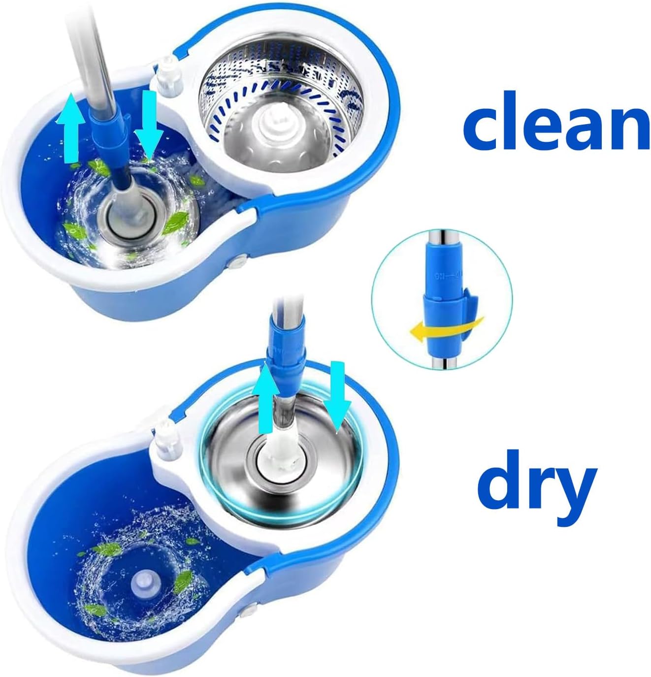 Spin Mop and Bucket with Wringer Set,for Floor Cleaning,with Floor Scrub Brush,61" Adjustable Handle and 6 Microfiber Mop Head(White)