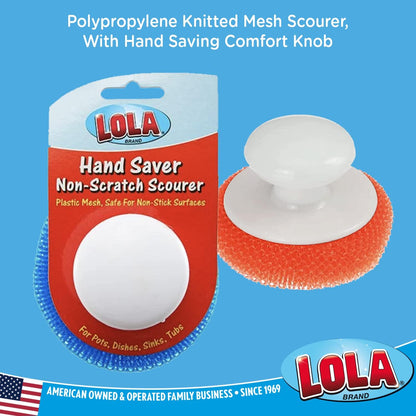 LOLA Plastic Mesh Scouring Pads - 3 Pack, 3.375" x 1.25", Non-Scratch Dish Scrubbers to Clean Dishes, Assorted Colors - Red, Blue & Yellow