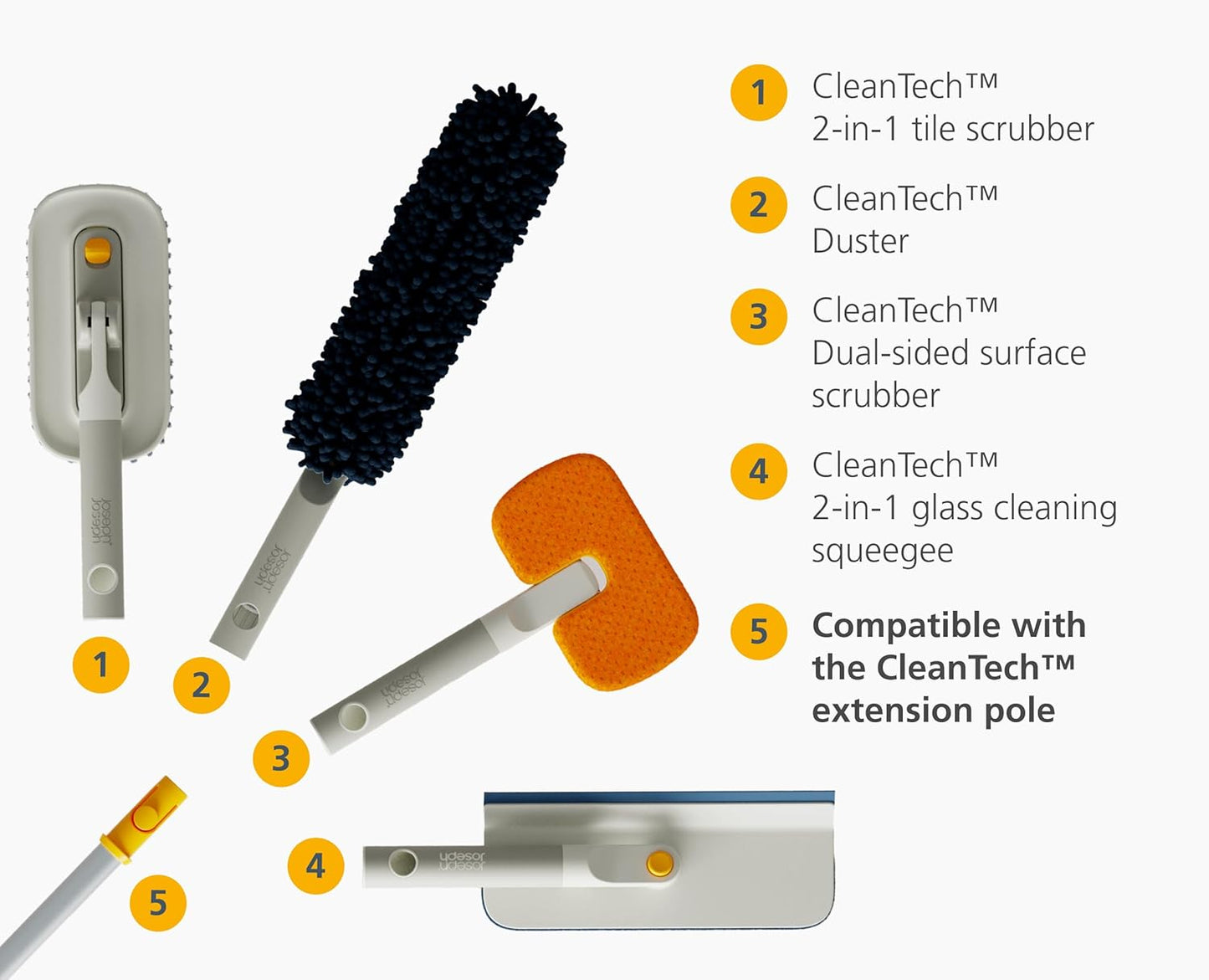 Joseph Joseph CleanTech 2-in-1 Glass Cleaner Shower Squeegee with Washable Microfiber Pad and Space-Saving Foldable Handle
