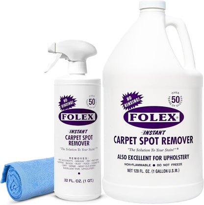 FOLEX Instant Carpet Spot Remover 32 oz – Powerful Stain Remover for Carpets, Upholstery & Rugs – Eliminates Pet Stains, Grease, Red Wine, Food, Makeup & More – With Reusable Cleaning Cloth – 1 Pack