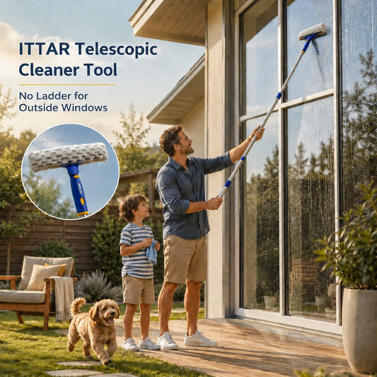 ITTAR Window Squeegee Cleaning Kit with 60 Inch Extension Pole | 12" Glass Cleaner Tool rubber Blade & 2 Microfiber Pads | Window Washing Equipment for High Windows, Shower Glass Doors, Car Windshield