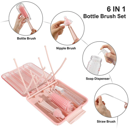 Bottle Brush Set -Baby Travel Essential-6 in 1 Bottle Cleaner Kit with Silicone Bottle Brush,Nipple Cleaner Brush,Straw Brush,Soap Dispenser,Storage Box,Bottle Drying Rack for Home and Travel(Green)