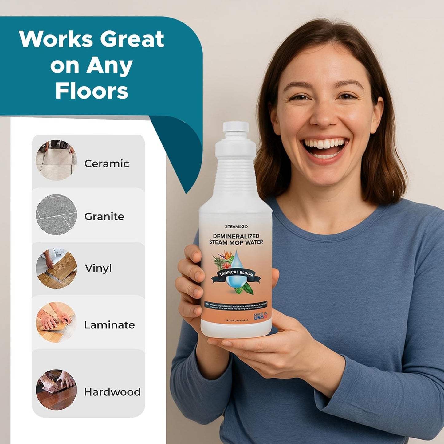 Steam & Go Demineralized Water for Steam Cleaner - PVC-Free Floor Cleaning Solution Compatible for All Steam Mops - Multi-Surface Cleaner for Home Surfaces - Tropical Bloom Scent, 32 oz