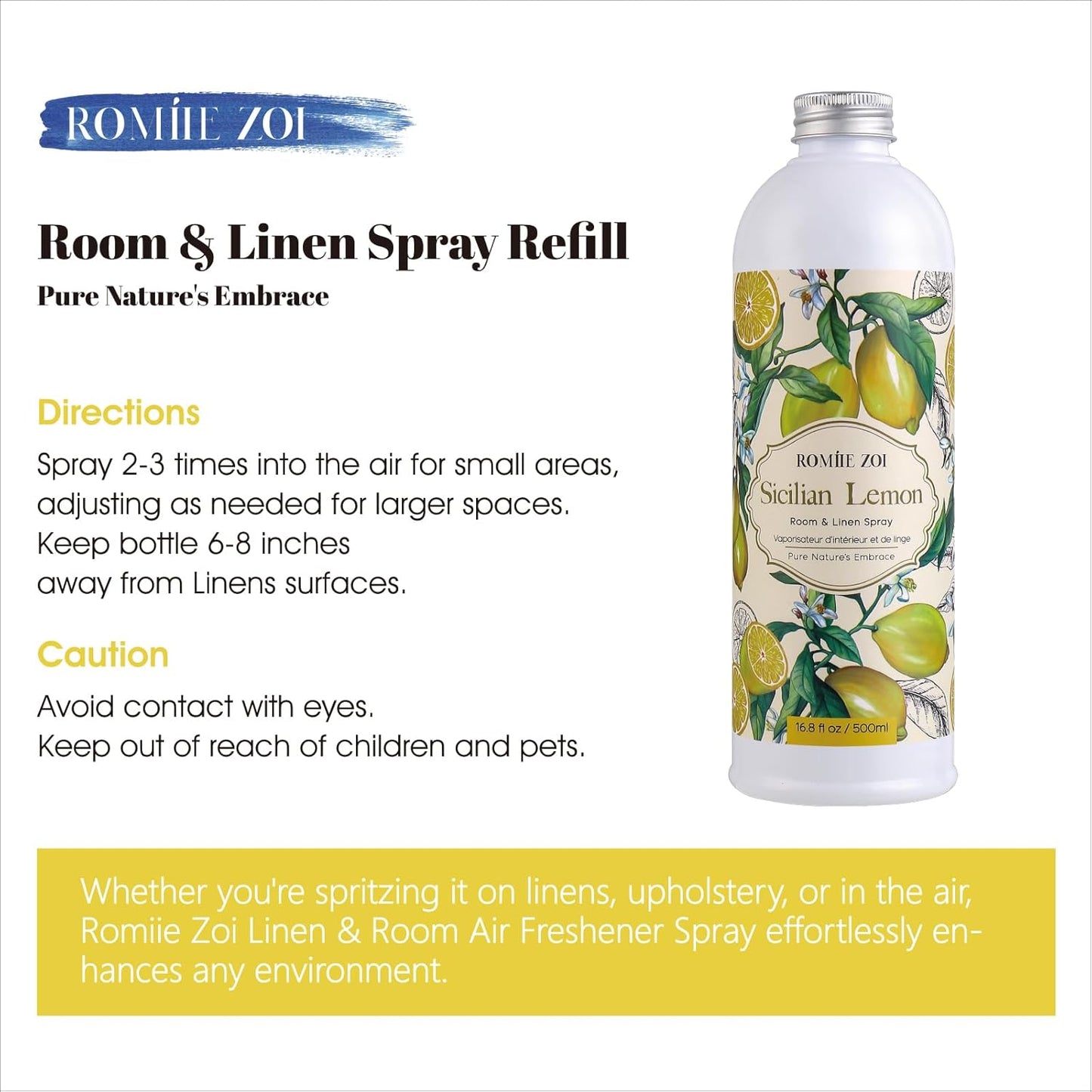 ROMIIE ZOI Room Spray Lemon, Air Freshener Spray Made with Natural Plant Extract, Scented Room Spray for Home Fragrance Fabric Spray Freshener 8.5 FL OZ