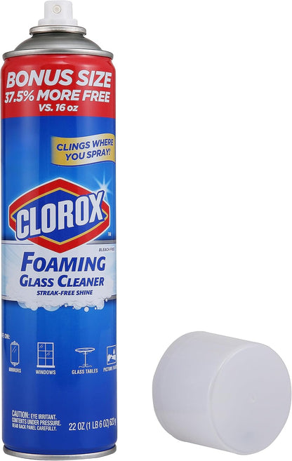 Clorox Foaming Glass Cleaner Aerosol - All Purpose Window And Glass Cleaning Spray Washes Away Dirt - Streak-Free & No-Drip formula for Windows and Mirrors, 16 Oz