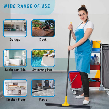 Squeegee Broom for Floor, 18'' Heavy Duty Rubber Wiper with 60'' Long Handle for Bathroom Tile, Garage Concrete, Deck, Shower Glass, Window Cleaning