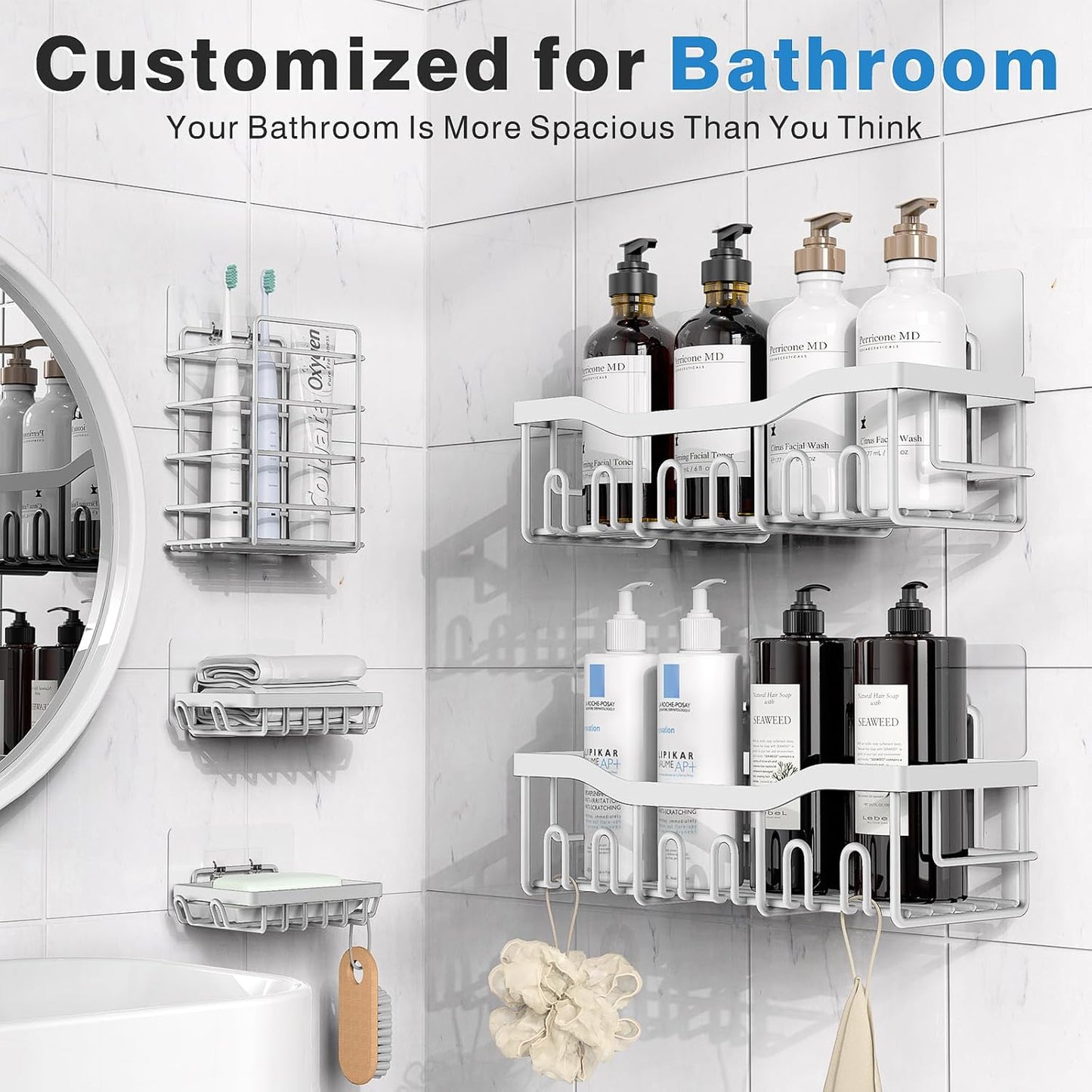 EUDELE Adhesive Shower Caddy, 5 Pack Rustproof Stainless Steel Bath Organizers With Large Capacity, No Drilling Shelves for Bathroom Storage & Home Decor