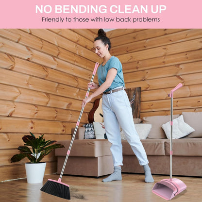 Broom and Dustpan Set for Home, 51-in Long Adjustable Handle Angle Broom and Dustpan Combo Set with Dust Pan Teeth to Clean Hair for Home Kitchen Office Lobby Floor Garden (Black&White)