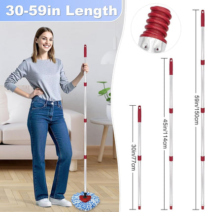 Spin Mop Replace Head, Base, Mop Handle Replacement for OCedar EasyWring 1 Tank System, Include 2 Microfiber Mop Head Replacement, 1 Sturdy Iron 30-58" Mop Handle, 1 Scrubber Head, 1 Spin Base