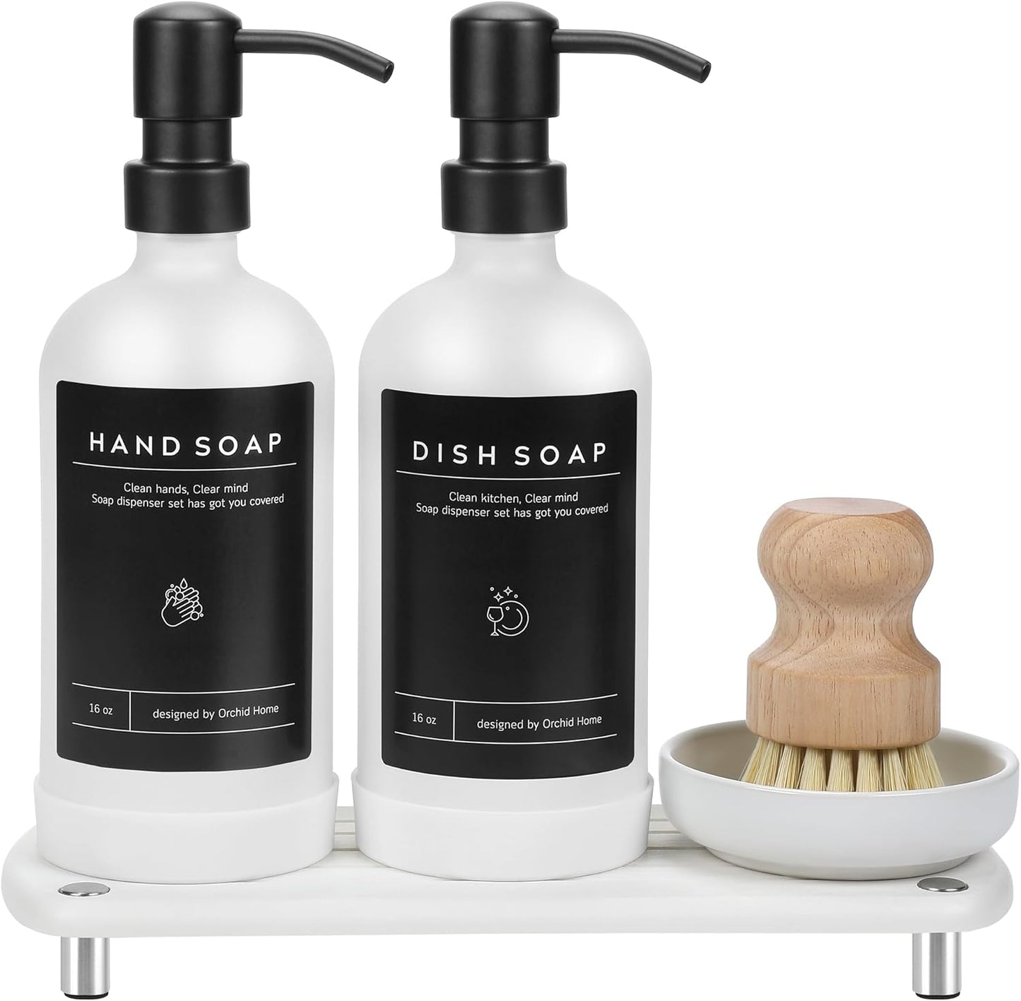[Luxury] Kitchen Soap Dispenser Set - 16OZ Amber Glass Bottle, Stainless Steel Pump, Instant Dry Tray, Waterproof Labels, Non-Slip Silicone Pad, and Dish Brush | Upgrade for Your Kitchen and Bathroom