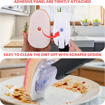 Soap Dispensing Replacement Dish Brush Storage Set with 10 PCS Sponge Refills & Holder - RIMAY Dispenser Scrub Cleaning Scrubber Kitchen Dishwashing Dish Wand Handle for Dishes/Pans/Pots/Sink(Yellow)