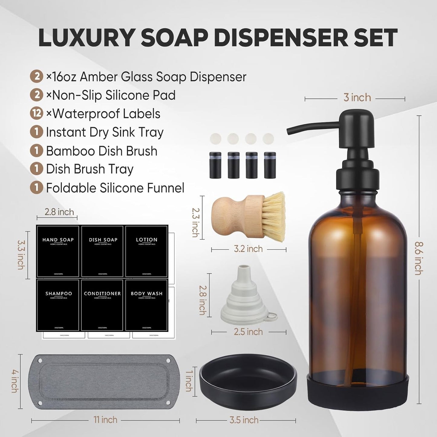 Kitchen Soap Dispenser Set with Instant Dry Tray,16 Oz Hand and Dish Soap Black Glass Dispenser Set,Stainless Steel Pump,Waterproof Labels&Dish Brush,Luxury Soap Bottle for Kitchen,Bathroom