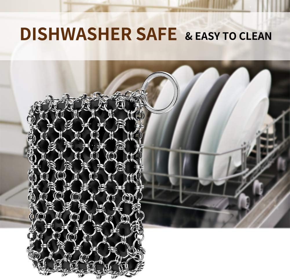 Herda Chain Mail Cast Iron Cleaner Scrubber,316 Chainmail Pan Scrubber Metal Cleaning Brush, Pad, Sponge Scraper to Clean Skillet,Dutch Oven, Wok,Grill Griddle,Chain Link Scrub Brush Pot Care Kit