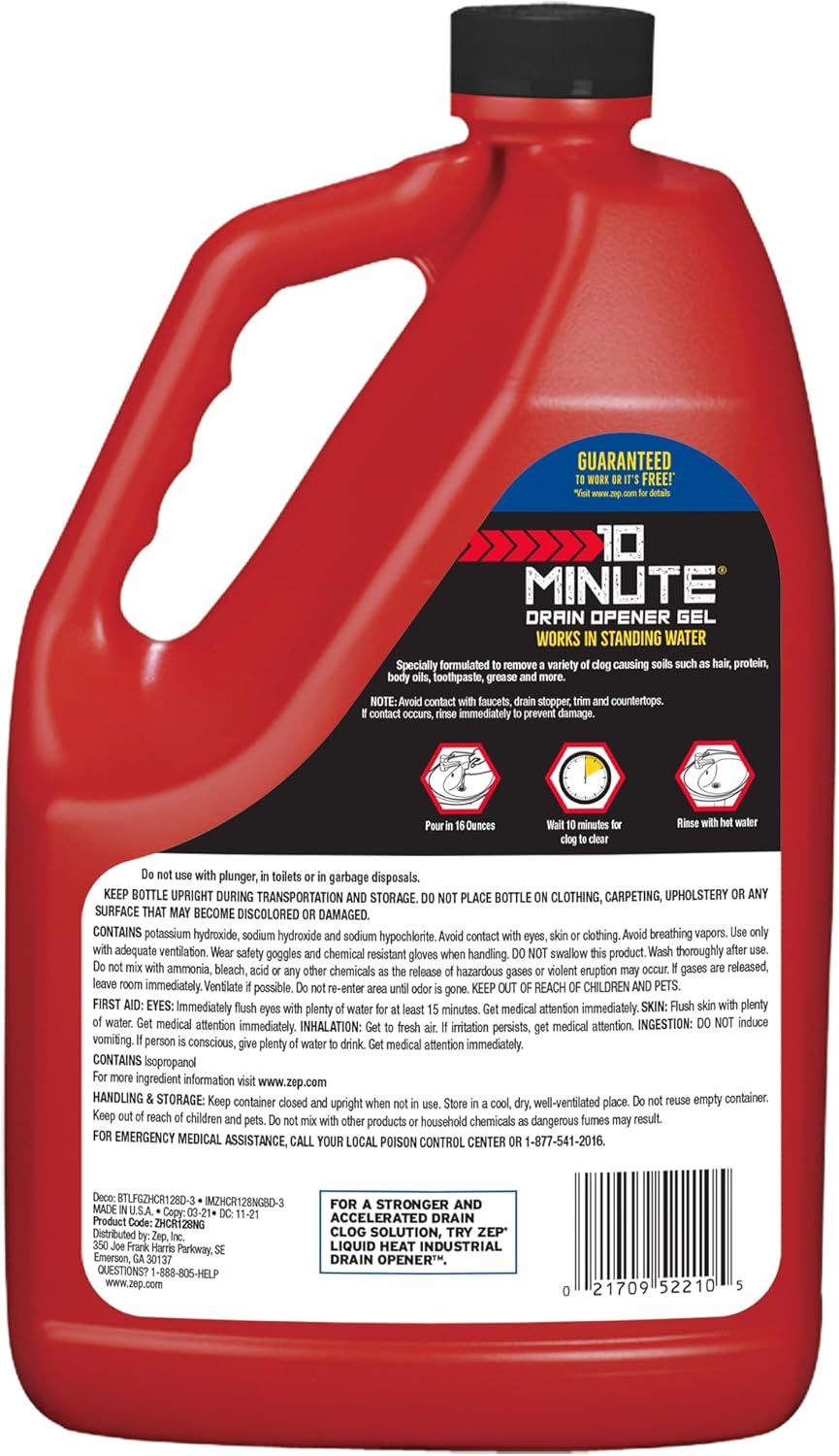 Zep 10 Minute Drain Opener Gel 64 Ounce - ZHCR64NG - Commercial Strength, Fast Acting and Safe for All Pipes