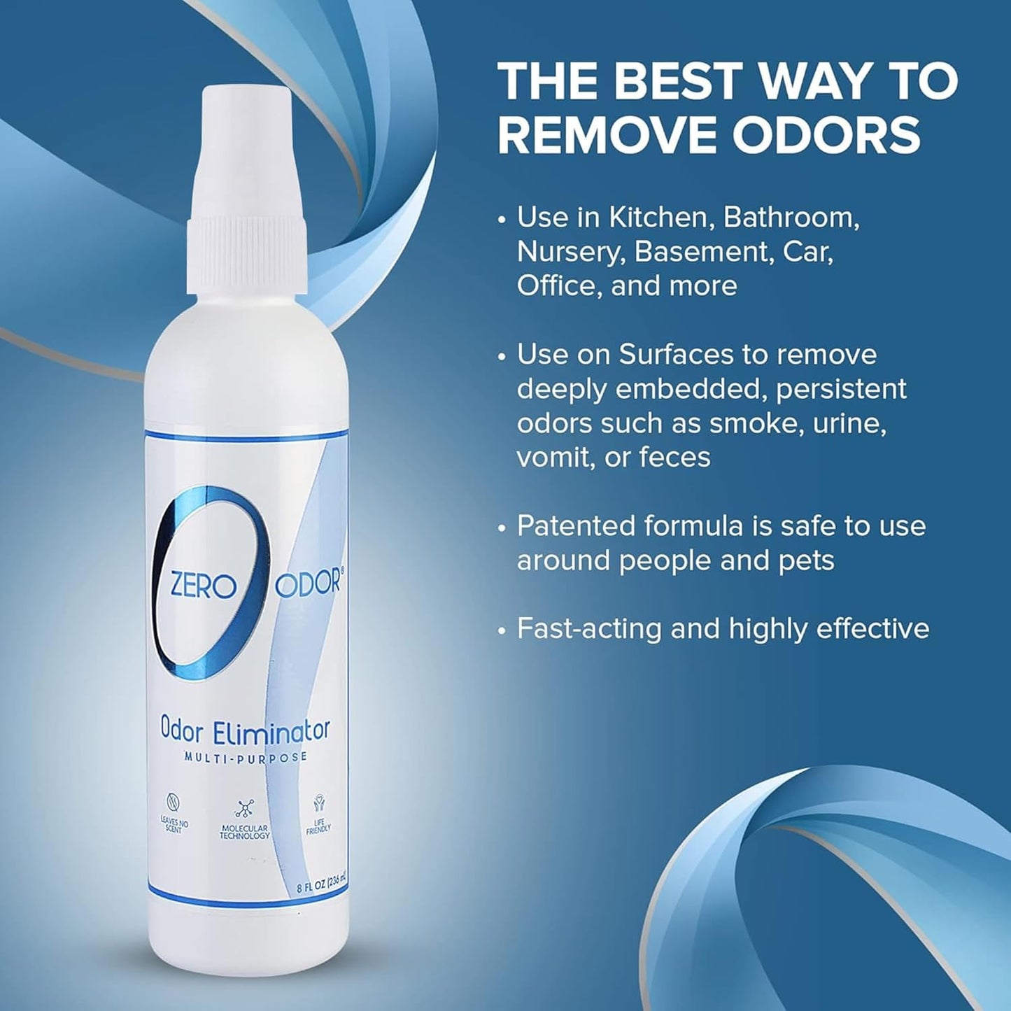 Zero Odor – Multi-Purpose Odor Eliminator - Air & Surface Odor – Patented Technology for Bathroom, Kitchen, Fabric, Closet- Smell Great Again, 16oz