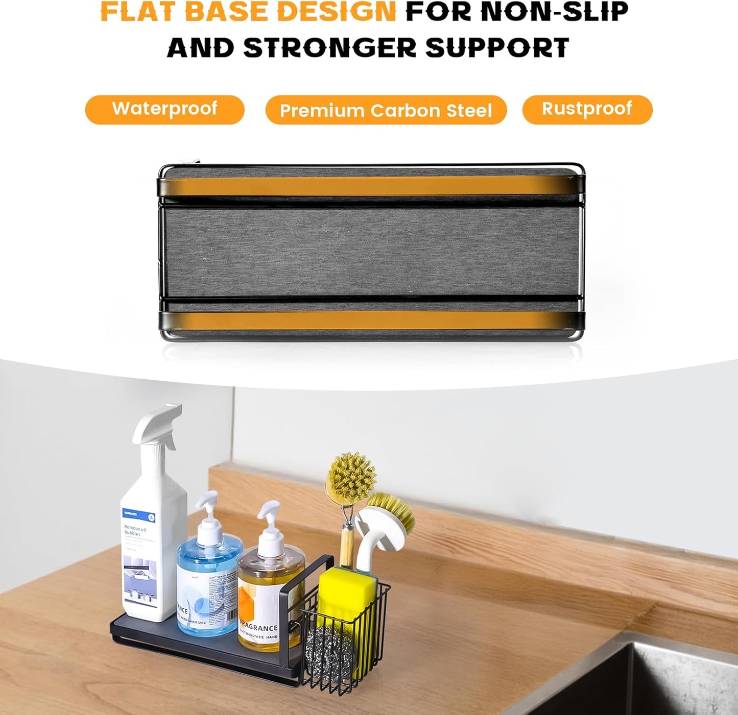 KONE Kitchen Sink Caddy: Sponge Holder for Kitchen Sink Counter with Instant Drying Stone and High Brush Holder, Rustproof Stainless Steel Sponge Holder for Sponges, Scrubbers, Soap (Black)