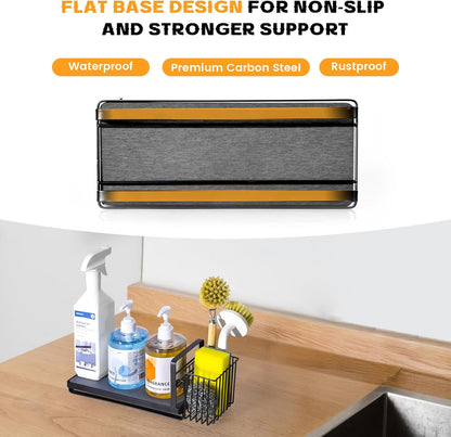 KONE Kitchen Sink Caddy: Sponge Holder for Kitchen Sink Counter with Instant Drying Stone and High Brush Holder, Rustproof Stainless Steel Sponge Holder for Sponges, Scrubbers, Soap (Black)