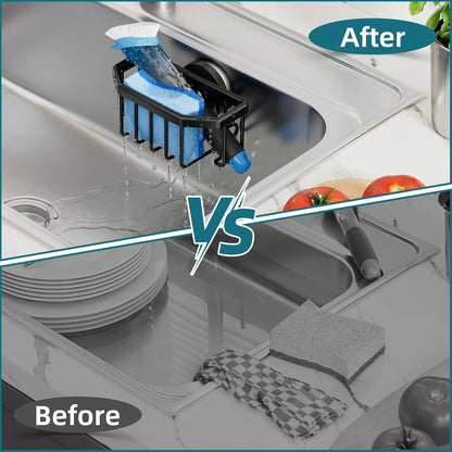 TAILI 4-in-1 Sink Caddy with Strong Suction Cup, Sponge Holder for Kitchen Sink Organizer, Removable, Rustproof, Stainless Steel Holder for Sponge, Brush, Scrubber, Scraper - Silver