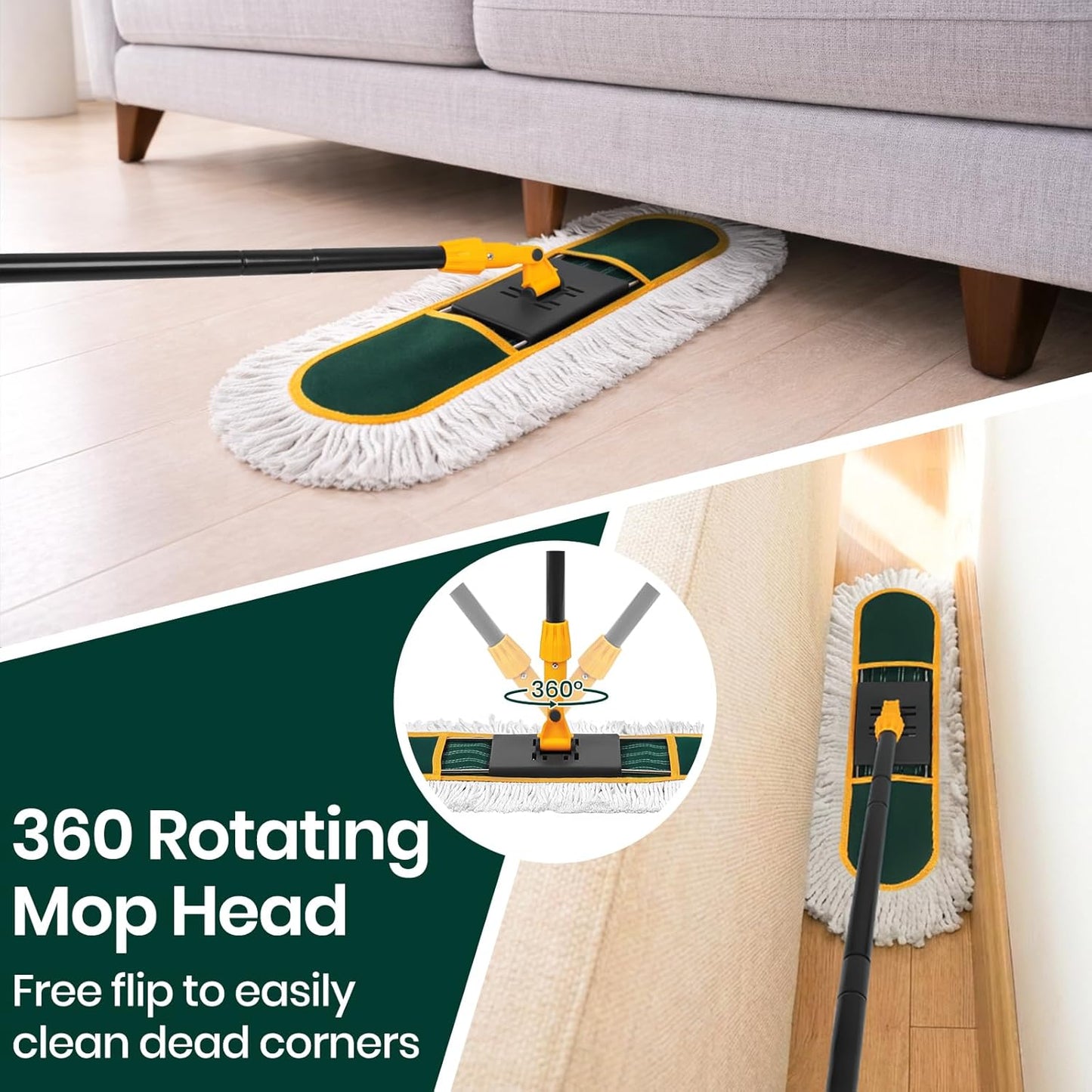 24 Inch Commercial Dust Mop for Floor Cleaning-Heavy Duty Dry & Wet Push Broom with 3 Washable Pads, 57" Handle & 360° Swivel Floor Duster for Hardwood, Laminate, Vinyl Floors & Warehouse