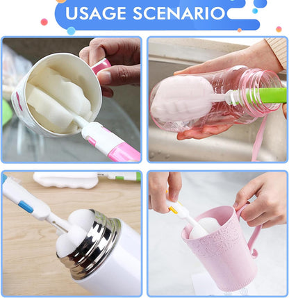 Bottle Brush Sponge Cup Brush Set with 4 Replacement Brush Head Portable Long Handle Water Bottle Cleaner Brush, for Baby Bottles Vacuum Flasks (4 Brushes + 4 Heads)