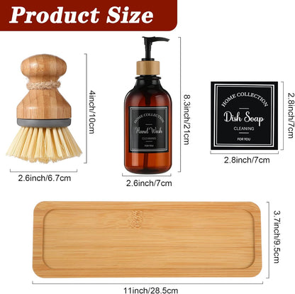 Zopeal 4 Pcs 16 oz Kitchen Soap Dispenser Set with Bamboo Tray and Dish Brush Plastic Soap Dispenser Set with Waterproof Labels for Hand Dish Lotion(Frosted Black)