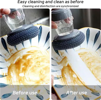 Soap Dispensing Dish Brush with 5 Replacement Heads - Comfort Grip Kitchen Scrub Brush for Cleaning Pots Pans Sinks - Ergonomic Non-Slip Dish Scrubber with Soap Dispenser Reservoir for One-Hand Use