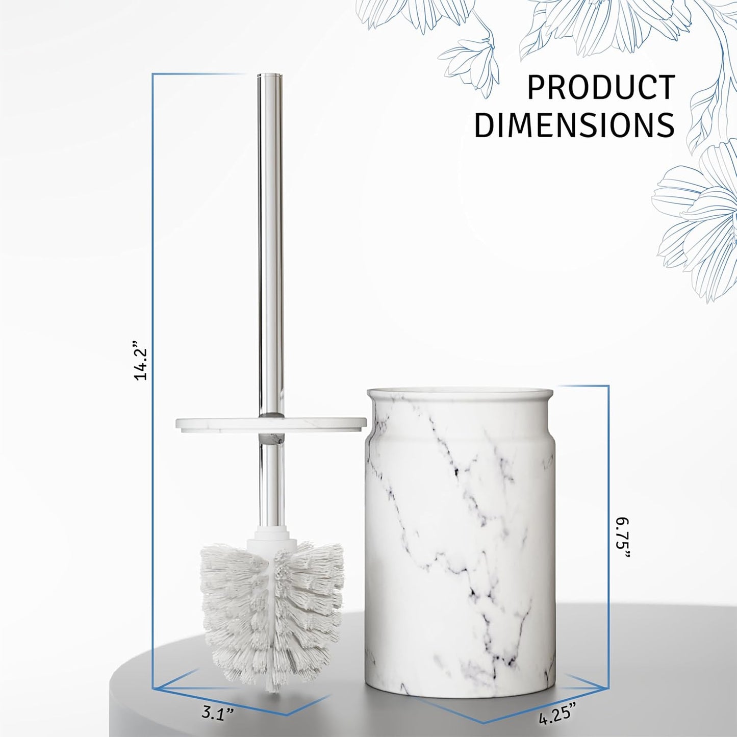 Toilet Brush and Holder Set - Toilet Bowl Brush and Holder with Sturdy Bristles for Thorough Cleaning - Concealed White Bathroom Accessories Toilet Cleaner Brush for Bathroom (Marble Look)