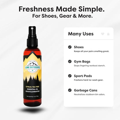 Lumi Outdoors Natural Shoe Deodorizer Spray (700+ Sprays) - Extra Strength Shoe Odor Eliminator for Smelly Shoes & Foot Odor - Replaces Shoe Balls & Inserts - Lemon Eucalyptus