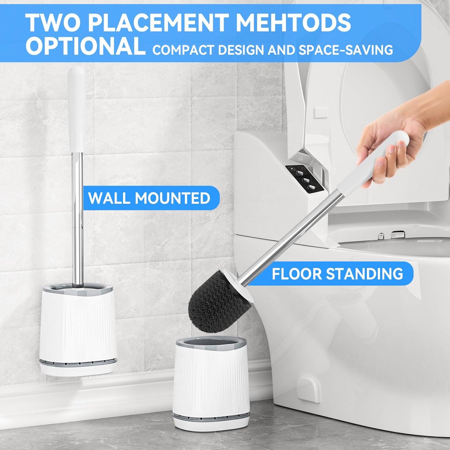 TRENTI Toilet Brush, Toilet Brush and Holder Set, Bristles Toilet Bowl Brush Head with Ventilated Holder, Wall Mounted Compact Toilet Brush Set for Bathroom Deep Cleaning (1, White)