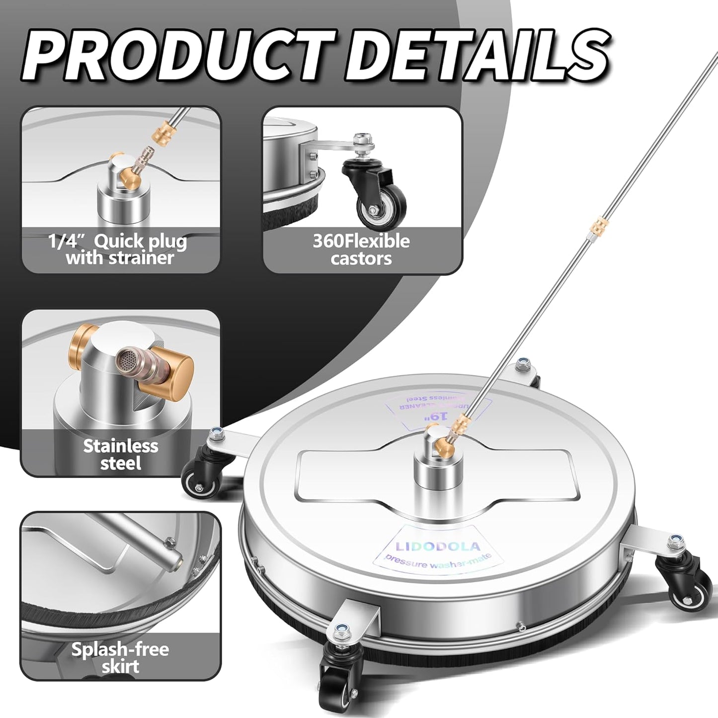 14" Pressure Washer Surface Cleaner with 4 Wheels - Stainless Steel Surface Cleaner for Pressure Washer Attachment for Concrete, Patio, Sidewalk, Deck and Driveways - PWS14