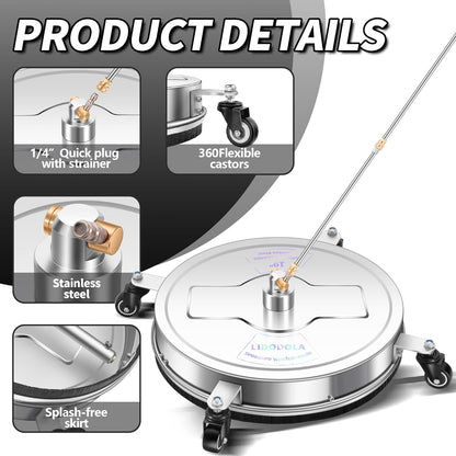 14" Pressure Washer Surface Cleaner with 4 Wheels - Stainless Steel Surface Cleaner for Pressure Washer Attachment for Concrete, Patio, Sidewalk, Deck and Driveways - PWS14