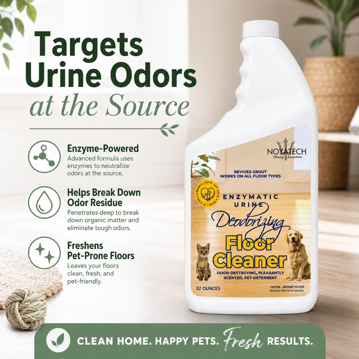 NOYATECH Pet Floor Cleaner for Mopping – Enzyme Urine & Odor Eliminator – Safe for Hardwood, Tile, Laminate & Grout – Dog & Cat Pee Concentrate, 32 oz