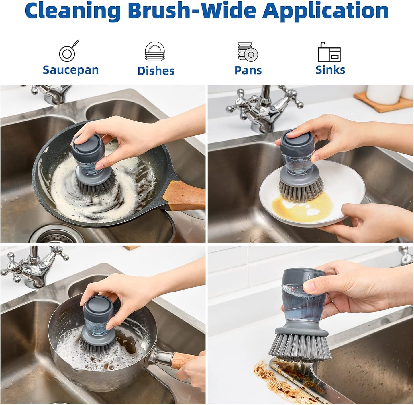 Dish Brush with Soap Dispenser, Kitchen Dish Scrubbers Set with Draining Tray for Washing Dishes/Pots, Grey, Set of 2