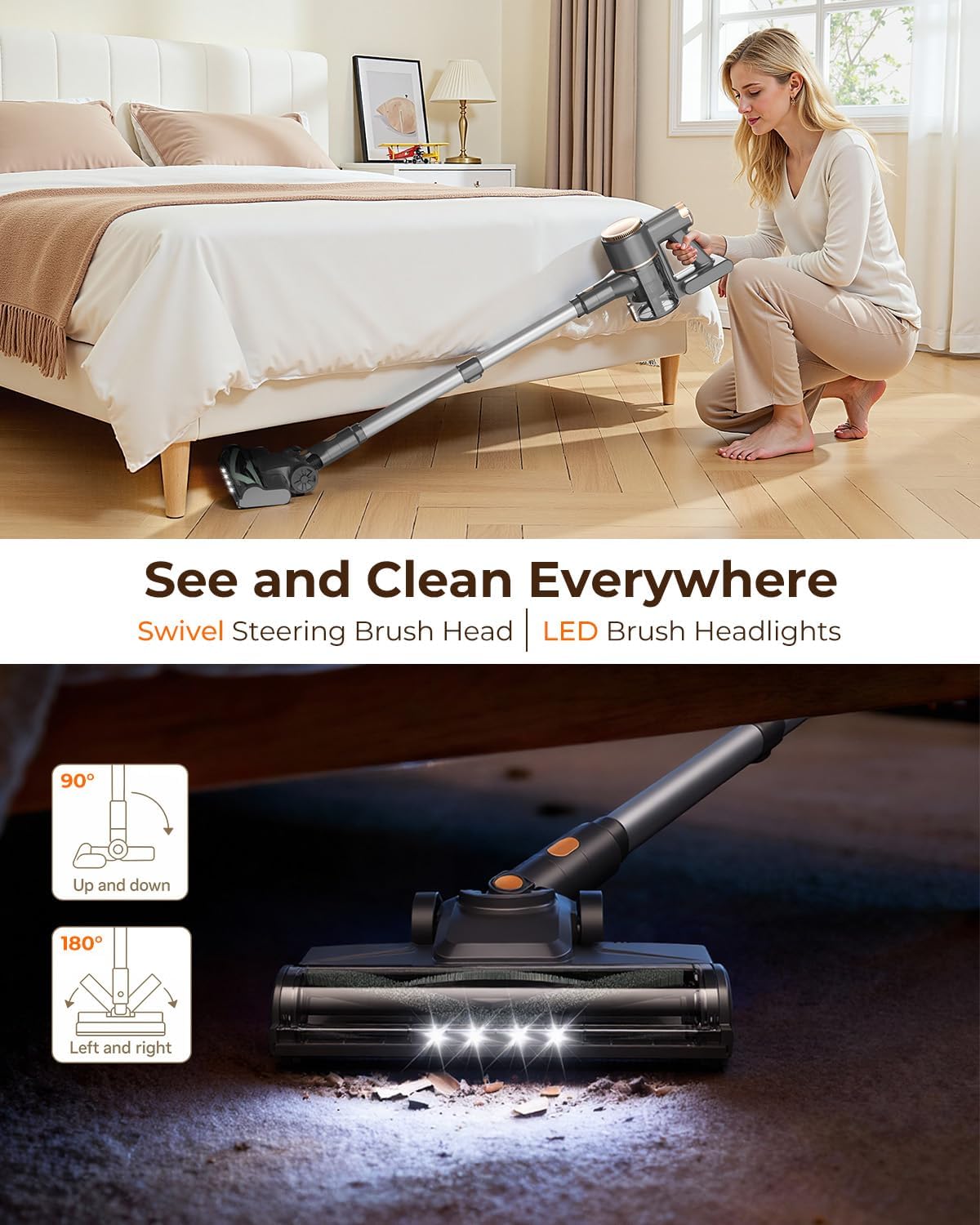 UML0 N8 Cordless Vacuum Cleaner,Lightweight Stick Vacuum with Powerful Suction,2200mAh Battery,40 Mins Runtime, Self-Standing,Rechargeable Vacuum Cleaners for Home Hardwood Floor Pet Hair