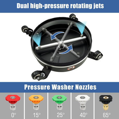 janz 14" Pressure Washer Surface Cleaner with 4 Wheels, Stainless Steel Housing, 1/4" Quick Plug, 2 Extension Wands, 2 Replacement Nozzles and 3 Spray Nozzles, 4000 PSI