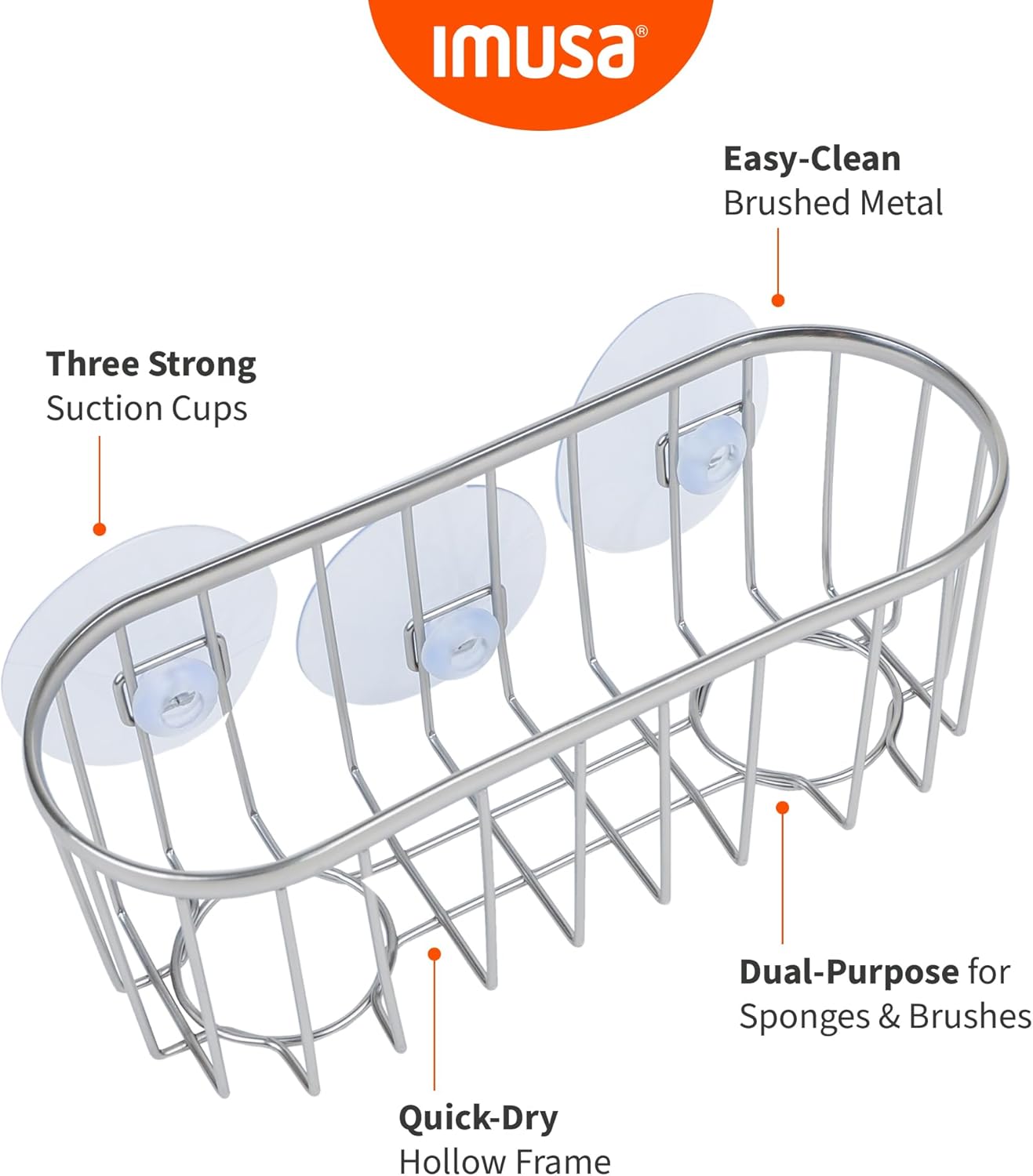 Best Brands IMUSA Sponge Holder for Kitchen Sink—Brushed Metal Sink Organizer with Triple Suction Cups, Compact Caddy for Sponges, Brushes, Soap & Everyday Kitchen Cleaning Essentials