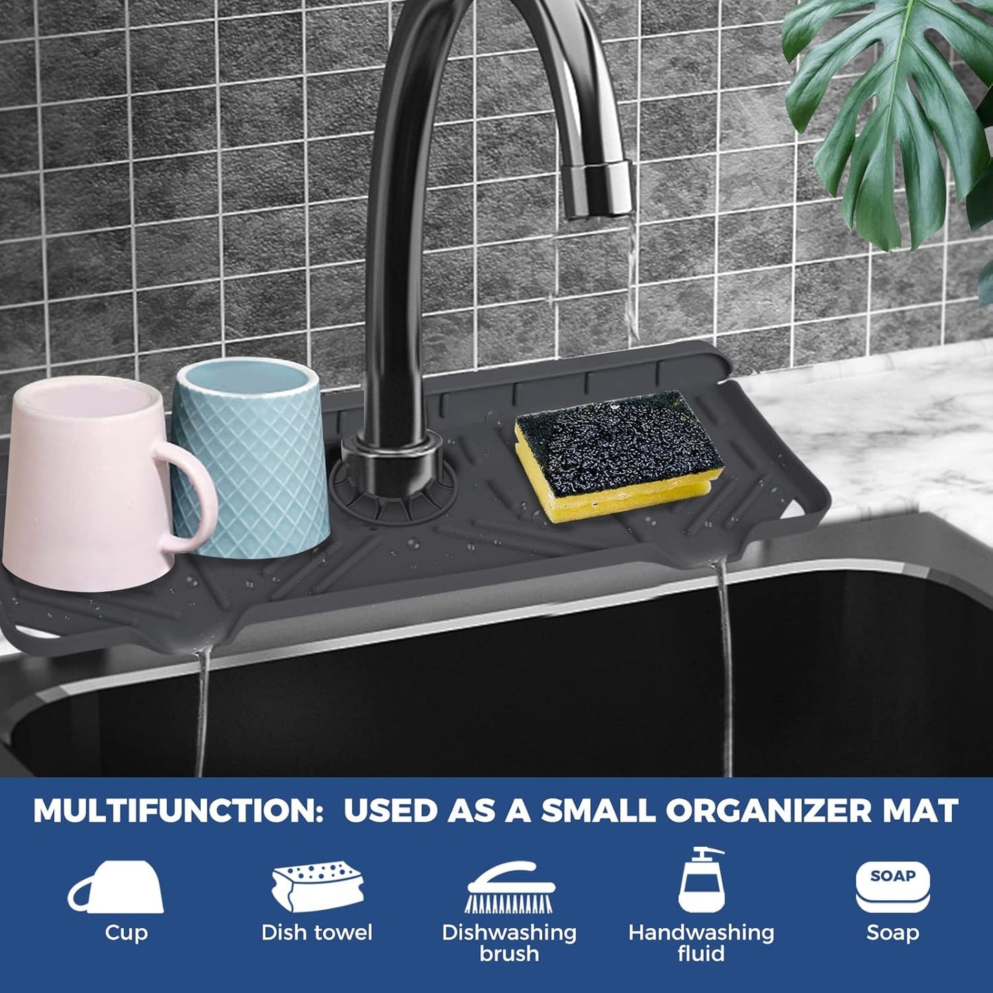 BFONS Silicone Faucet Handle Drip Catcher Drying Tray Mat Dish Soap Sponge Holder Accessories Gadgets for Kitchen Counter Bathroom Kitchen Sink Splash Guard -Grey