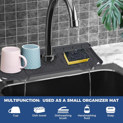 BFONS Silicone Faucet Handle Drip Catcher Drying Tray Mat Dish Soap Sponge Holder Accessories Gadgets for Kitchen Counter Bathroom Kitchen Sink Splash Guard -Grey