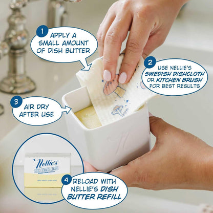 Nellie's Dish Butter - Zero-Waste Alternative to Liquid Dish Soap with Reusable Ceramic Container (White) - Light Lemongrass Scent - Plastic-Free Dishwashing - (Made in Canada)