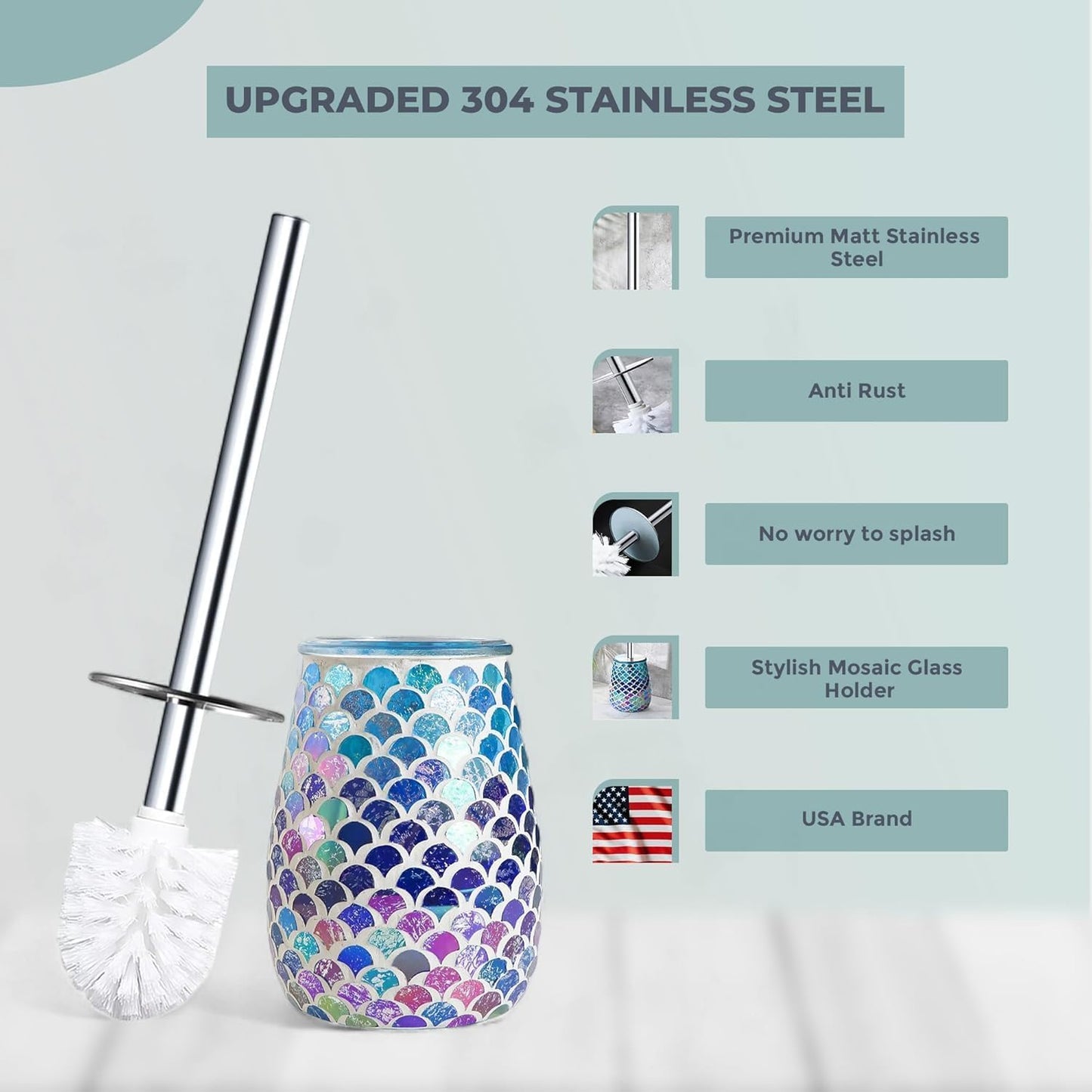 Escenzy Turquoise Green Toilet Brush and Holder Set Mosaic Glass | Non-Rustic Stainless Steel | Practical & Decorative Toilet Bowl Brush and Holder | Luxury Green Bathroom Accessories