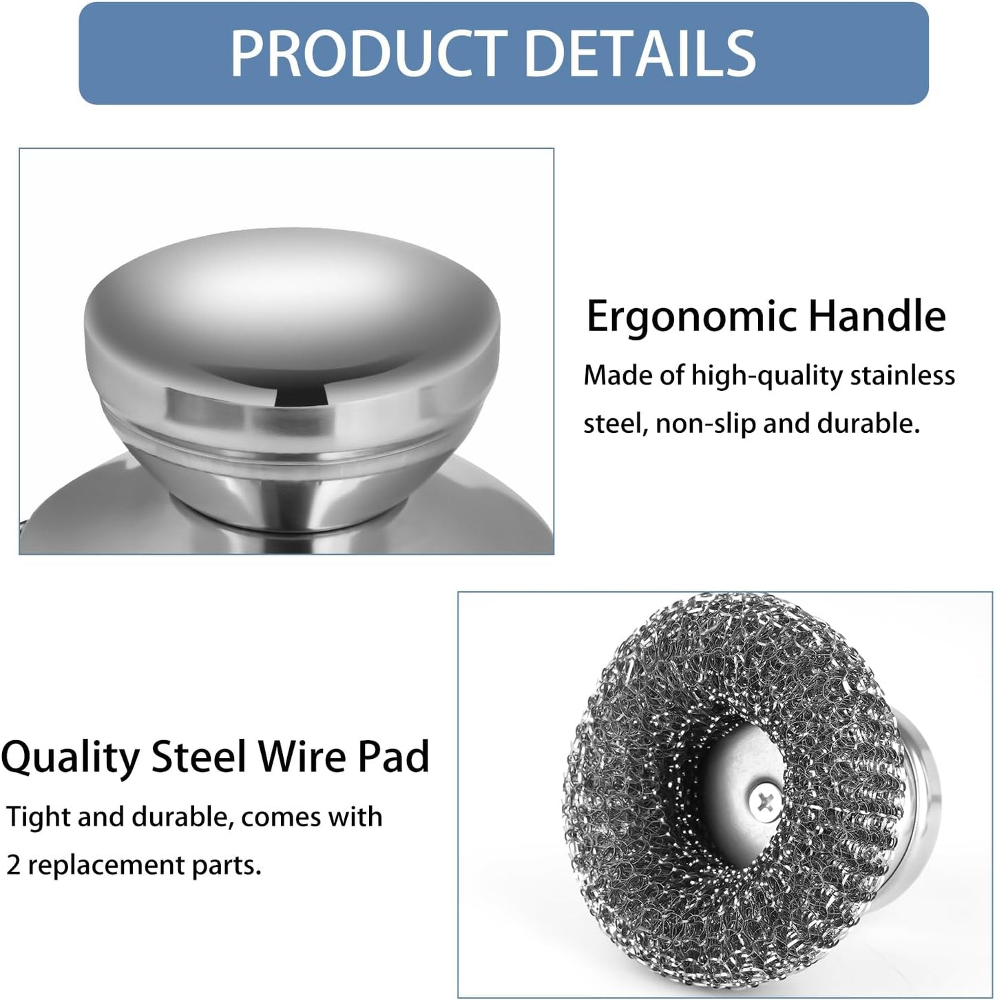 Onewly 4Pcs Steel Wool Scrubber Set, Stainless Steel Scrubber with Stainless Steel Handle, for Cleaning Dishes, Cast Iron, Stock Pots, Pans, Griddles, Grills