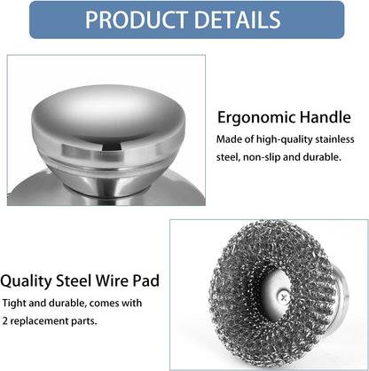 Onewly 4Pcs Steel Wool Scrubber Set, Stainless Steel Scrubber with Stainless Steel Handle, for Cleaning Dishes, Cast Iron, Stock Pots, Pans, Griddles, Grills