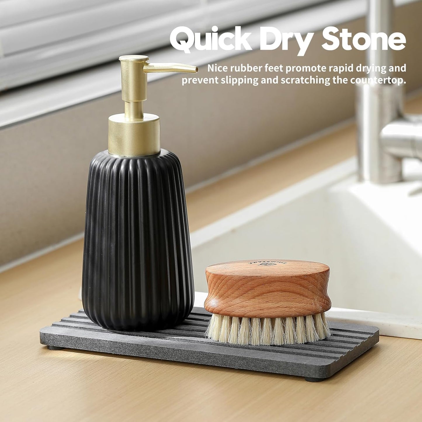 2PCS Water Absorbing Stone Drying Tray Mat for Bathroom Sink & Kitchen Counter Faucet Organizer, Quick Dry Dish Rack Soap Dispenser Sponge Holder, Vanity Sink Caddy Bar Coaster, Ivory White 8“x 4”
