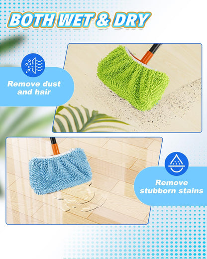 KEEPOW 4 Pack Washable Chenille Broom Pads, Baseboard Cleaner Cloth Covers for Daily Dusting, Reusable Broom Covers Compatible with Standard Brooms Under 11×5.9 in for Floors & Walls (Blue & Green
