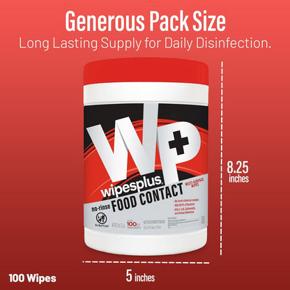 WIPESPLUS Cleaning Wipes All Purpose Food Contact - No Rinse, No Residue, Quick Dry Formula, Disinfecting Wipes For Restaurants, Foodservice, Schools - Canister, 100 Count