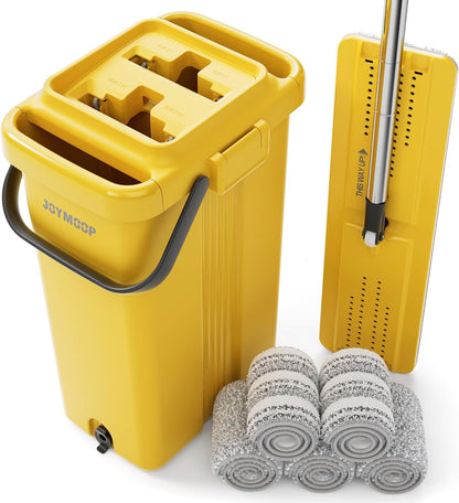 JOYMOOP Industrial Mop and Bucket Set, 17.7-inch Dust Mops for Floor Cleaning, Flat Mop Bucket with Wringer, Include 3 Reusable Microfiber Mop Pads - Yellow