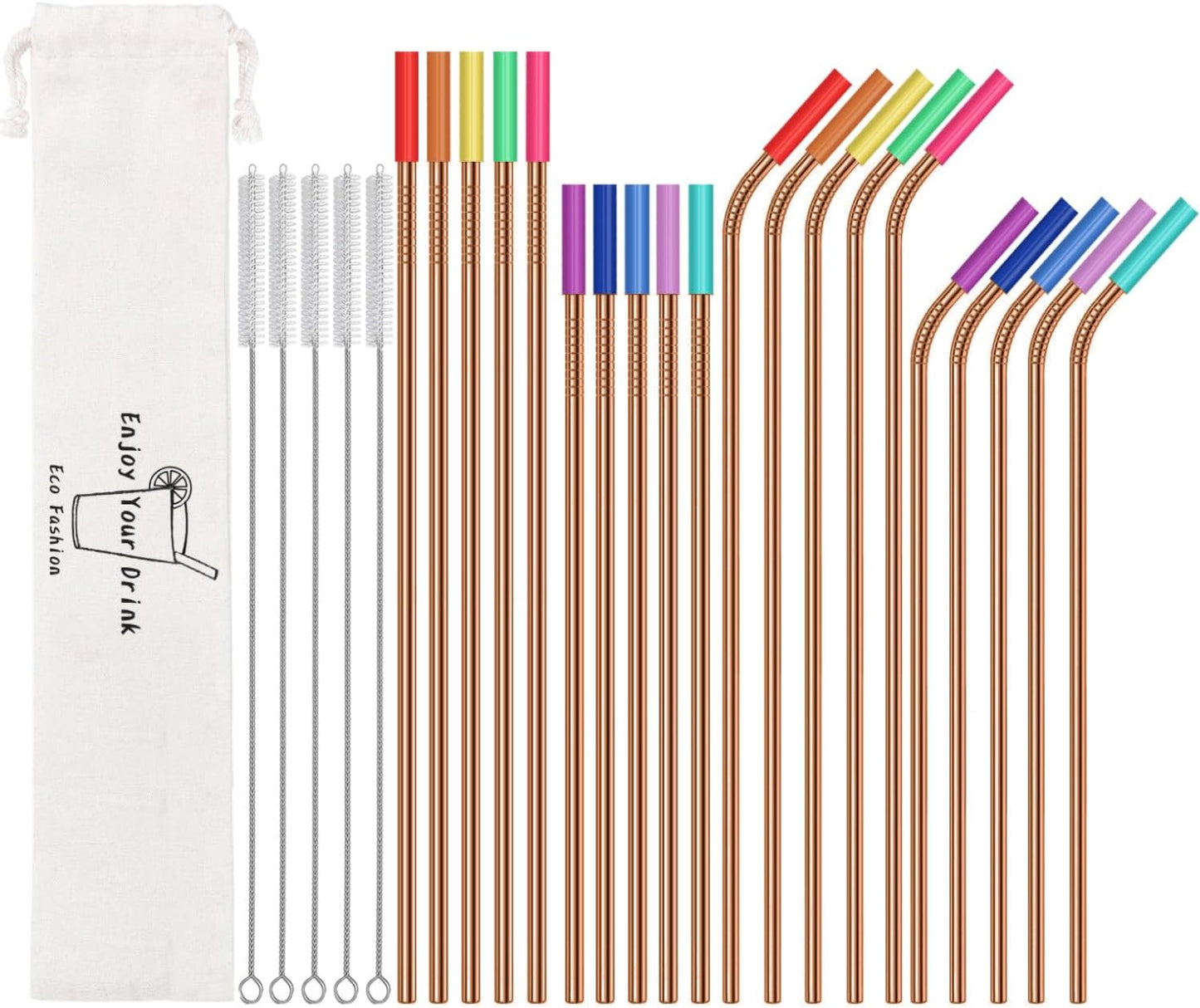 20 Pack Reusable Stainless Steel Metal Straws,10.5" & 8.5" Reusable Drinking Straws with 20 Silicone Tips 5 Straw Brushes 1 Travel Case,Eco Friendly Extra Long Metal Straw Fit for 20 24 30 oz Tumbler