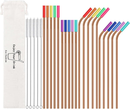 20 Pack Reusable Stainless Steel Metal Straws,10.5" & 8.5" Reusable Drinking Straws with 20 Silicone Tips 5 Straw Brushes 1 Travel Case,Eco Friendly Extra Long Metal Straw Fit for 20 24 30 oz Tumbler