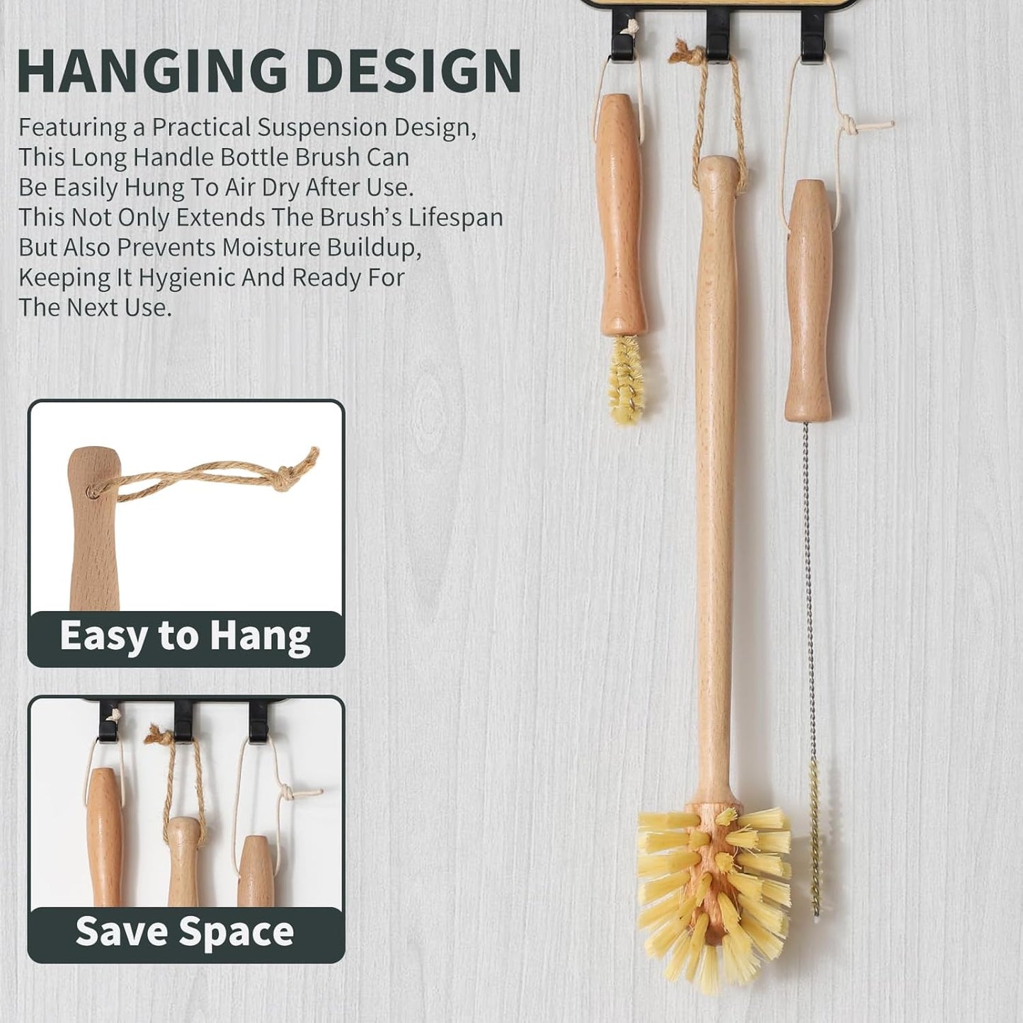 DEBETOOL Natural Bottle Brush Set 3-in-1-13.7 Inch Long Handle Wooden Bottle Brush for Cleaning, Water Bottle Cleaner Brush for Cups & Wide Mouth Jars